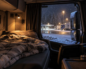 Lkw-Schlafkabine bei Nacht mit Bettdecke und Leselicht, draußen Schnee
