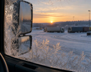 Eisblumen an einer Lkw-Seitenscheibe, dahinter ein verschneiter Rastplatz bei Sonnenaufgang