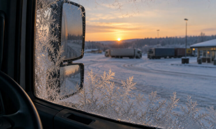 Eisblumen an einer Lkw-Seitenscheibe, dahinter ein verschneiter Rastplatz bei Sonnenaufgang