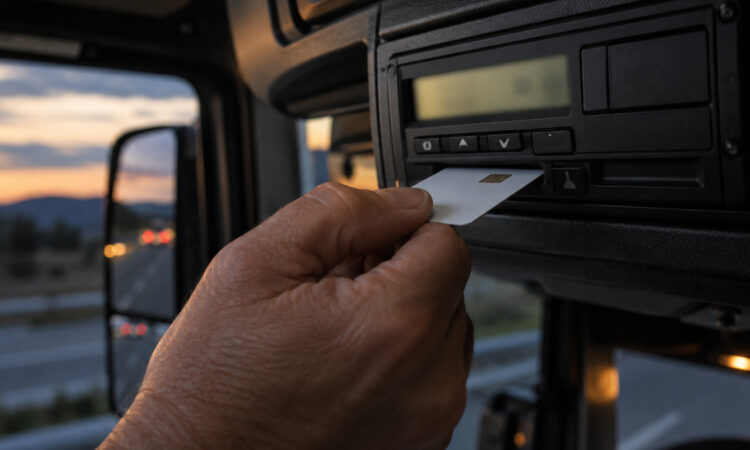Hand eines Lkw-Fahrers zieht eine Chipkarte aus dem Kartenschlitz eines digitalen Fahrtenschreibers
