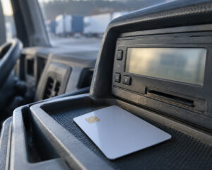 Digitaler Fahrtenschreiber im Lkw-Fahrerhaus, davor liegt eine Chipkarte auf der Ablage