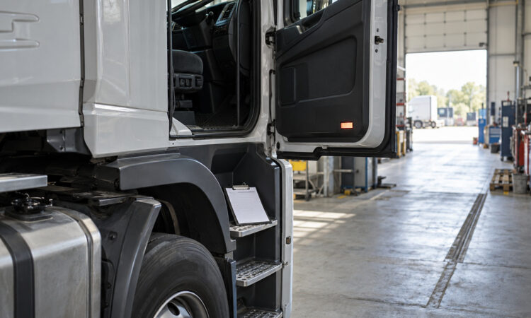 Lkw-Zugmaschine in einer Prüfhalle, Fahrertür offen, Klemmbrett auf dem Trittbrett