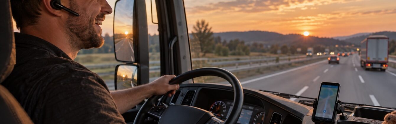 LKW-Fahrer mit Headset spricht während der Fahrt, Handy in der Halterung