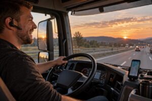 LKW-Fahrer mit Headset spricht während der Fahrt, Handy in der Halterung