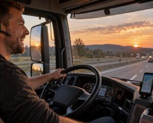 LKW-Fahrer mit Headset spricht während der Fahrt, Handy in der Halterung