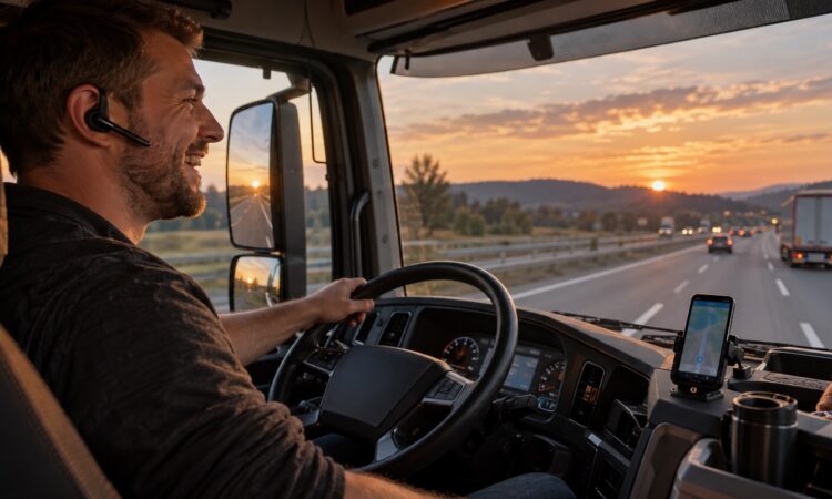 LKW-Fahrer mit Headset spricht während der Fahrt, Handy in der Halterung