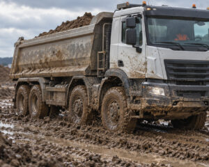 Kipper-Lkw fährt auf einer Baustelle durch tiefen Schlamm