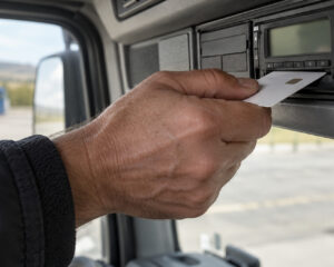 Hand steckt eine Fahrerkarte in den Kartenschlitz eines digitalen Fahrtenschreibers