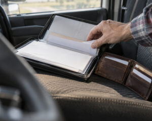 Hand sucht in Brieftasche und Dokumentenmappe auf dem Beifahrersitz eines Lkw