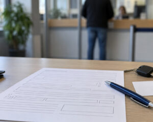 Antragsformular, Kugelschreiber und Schlüssel auf einem Schreibtisch, im Hintergrund ein Behördenschalter