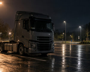 Lkw-Zugmaschine nachts allein auf einem beleuchteten Autobahnrastplatz