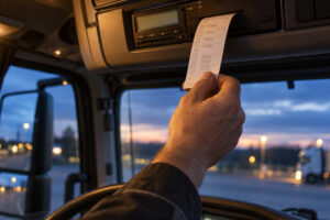 Hand zieht einen Papierausdruck aus dem Fahrtenschreiber in der Dachkonsole eines Lkw, draußen blaue Stunde