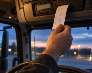 Hand zieht einen Papierausdruck aus dem Fahrtenschreiber in der Dachkonsole eines Lkw, draußen blaue Stunde