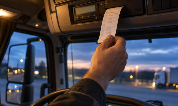 Hand zieht einen Papierausdruck aus dem Fahrtenschreiber in der Dachkonsole eines Lkw, draußen blaue Stunde