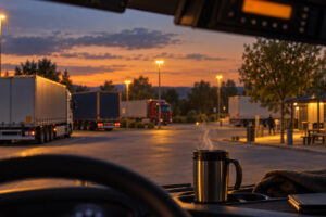 Blick aus dem Lkw-Fahrerhaus auf einen Rastplatz in der Abenddämmerung, Thermobecher auf dem Armaturenbrett