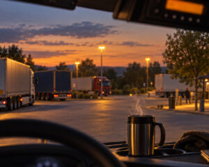 Blick aus dem Lkw-Fahrerhaus auf einen Rastplatz in der Abenddämmerung, Thermobecher auf dem Armaturenbrett