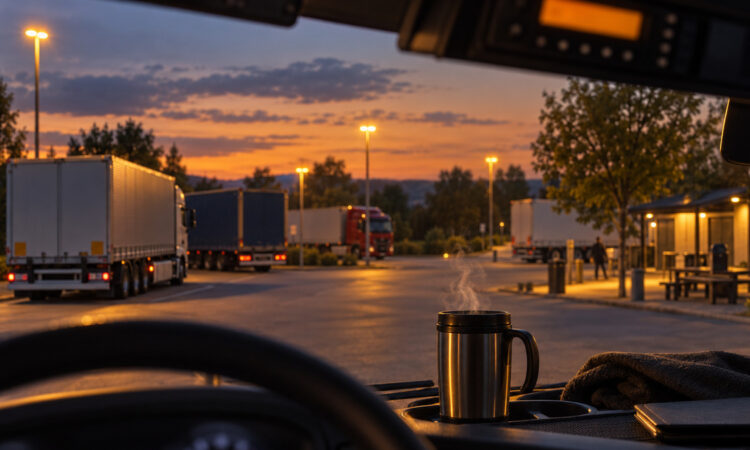 Blick aus dem Lkw-Fahrerhaus auf einen Rastplatz in der Abenddämmerung, Thermobecher auf dem Armaturenbrett