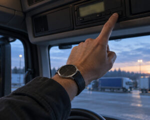 Hand mit Armbanduhr drückt eine Taste am Fahrtenschreiber in der Dachkonsole, draußen Rastplatz in der Morgendämmerung