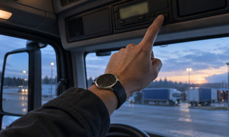 Hand mit Armbanduhr drückt eine Taste am Fahrtenschreiber in der Dachkonsole, draußen Rastplatz in der Morgendämmerung