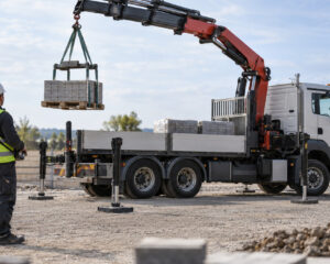 Lkw mit Ladekran hebt eine Palette Pflastersteine, daneben ein Bediener mit Helm und Funkfernbedienung
