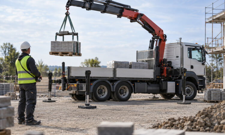 Lkw mit Ladekran hebt eine Palette Pflastersteine, daneben ein Bediener mit Helm und Funkfernbedienung