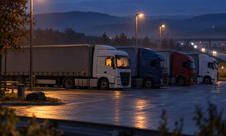 Abgestellte Sattelzüge auf einem Autobahn-Rastplatz in der blauen Stunde, ein Fahrerhaus mit warmem Licht