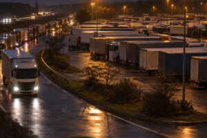 Überfüllter Lkw-Parkplatz an der Autobahn bei Nacht, Sattelzüge stehen bis in die Zufahrt