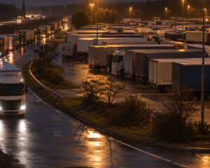 Überfüllter Lkw-Parkplatz an der Autobahn bei Nacht, Sattelzüge stehen bis in die Zufahrt