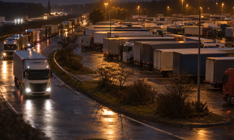 Überfüllter Lkw-Parkplatz an der Autobahn bei Nacht, Sattelzüge stehen bis in die Zufahrt