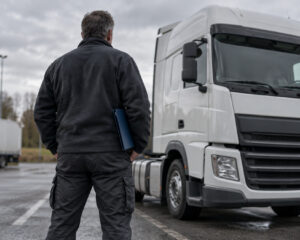 Lkw-Fahrer von hinten mit Dokumentenmappe vor einer Zugmaschine auf einem Parkplatz