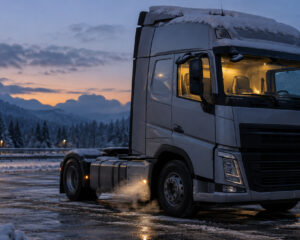 Lkw-Zugmaschine auf verschneitem Rastplatz in der Morgendämmerung, Licht im Fahrerhaus