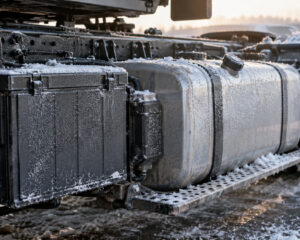 Batteriekasten und Dieseltank am Lkw-Rahmen mit Raureif