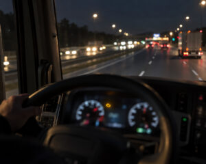 Lkw-Cockpit bei Nacht mit gelber Warnleuchte im Kombiinstrument