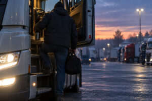Lkw-Fahrer mit Tasche und Becher steigt im Morgengrauen auf einem Betriebshof in sein Fahrerhaus
