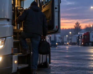 Lkw-Fahrer mit Tasche und Becher steigt im Morgengrauen auf einem Betriebshof in sein Fahrerhaus