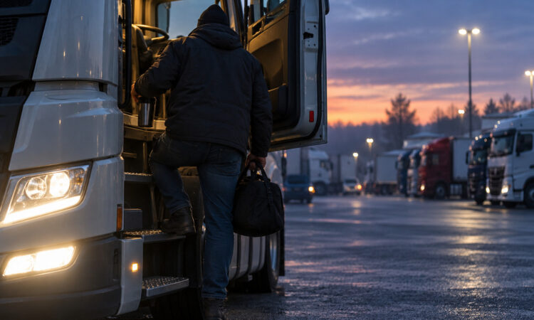 Lkw-Fahrer mit Tasche und Becher steigt im Morgengrauen auf einem Betriebshof in sein Fahrerhaus