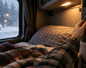 Hand an einem Bedienelement in der Lkw-Schlafkabine, draußen fällt Schnee