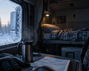 Lkw-Schlafkabine im Winter mit Bedienfeld an der Rückwand, Thermobecher und Eisblumen an der Scheibe