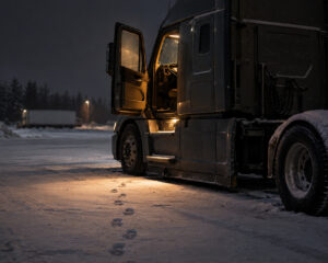 Lkw bei Nacht im Schnee, offene Fahrertür, warmes Licht fällt auf den Boden