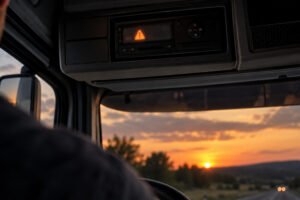 Fahrtenschreiber in der Dachkonsole eines Lkw mit orangem Warnsymbol im Display, draußen Sonnenuntergang über der Straße