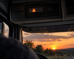 Fahrtenschreiber in der Dachkonsole eines Lkw mit orangem Warnsymbol im Display, draußen Sonnenuntergang über der Straße