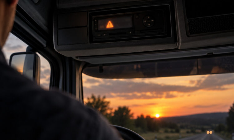 Fahrtenschreiber in der Dachkonsole eines Lkw mit orangem Warnsymbol im Display, draußen Sonnenuntergang über der Straße