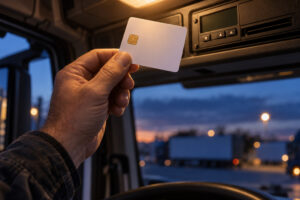 Hand hält eine Chipkarte ins Licht der Innenleuchte, dahinter der Fahrtenschreiber mit leerem Kartenschlitz
