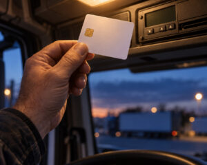 Hand hält eine Chipkarte ins Licht der Innenleuchte, dahinter der Fahrtenschreiber mit leerem Kartenschlitz