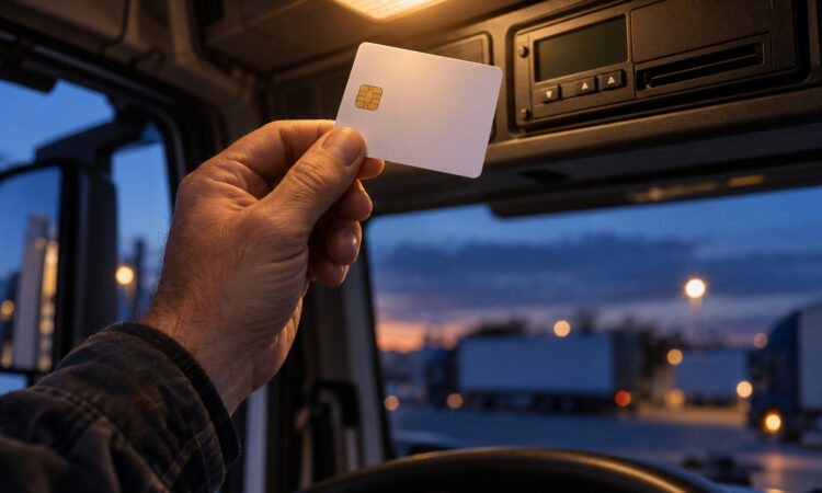Hand hält eine Chipkarte ins Licht der Innenleuchte, dahinter der Fahrtenschreiber mit leerem Kartenschlitz