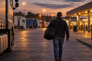 Lkw-Fahrer mit Reisetasche geht in der Abenddämmerung über einen Autohof zum beleuchteten Rasthaus