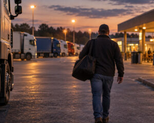 Lkw-Fahrer mit Reisetasche geht in der Abenddämmerung über einen Autohof zum beleuchteten Rasthaus