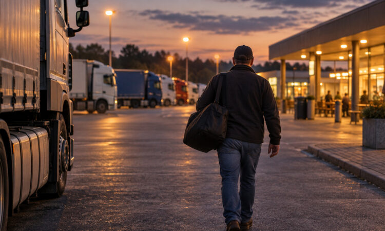 Lkw-Fahrer mit Reisetasche geht in der Abenddämmerung über einen Autohof zum beleuchteten Rasthaus